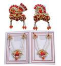 Radha Krishna Crown Necklace Set -- Red Orange Thread Diamond