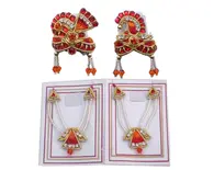 Radha Krishna Crown Necklace Set -- Red Orange Thread Diamond