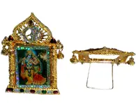 Radha Krishna Golden Picture Stand with Om Sign