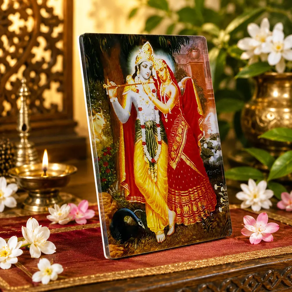 Radha Krishna in Red Dress Acrylic Stand -- Classic Radha Krishna Painting