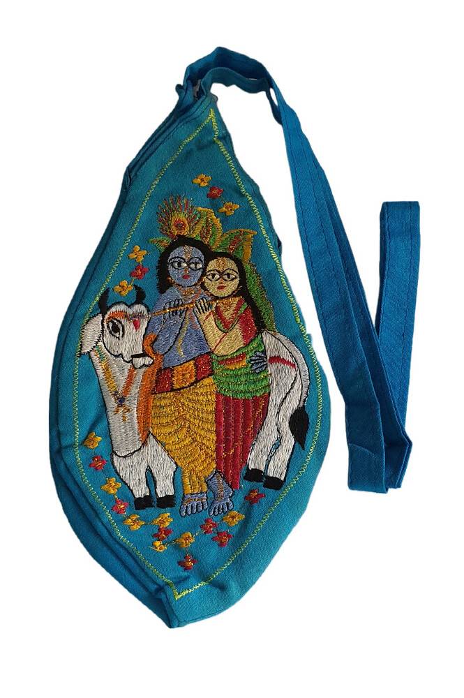 Radha Krishna & Cow Japa Bead Bag Embroidered with Mahamantra on back