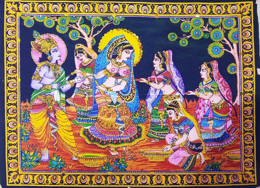 Wall Hanging -- Radha Krishna Playing Holi With Gopis (30\"x40\")