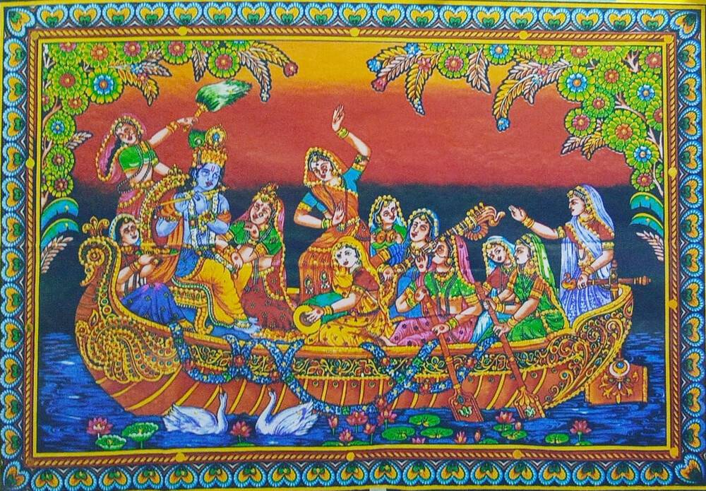 Wall Hanging -- Radha Krishna With Gopies in Boat (30\"x40\")