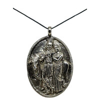 Radha Krishna with Cow Big White Metal Pendant with Black Thread