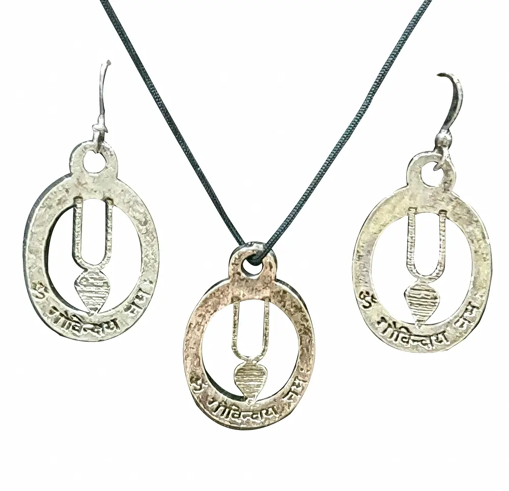 ISKCON Tilak Set - Pair of Earrings & Matching Pendant with Black Thread