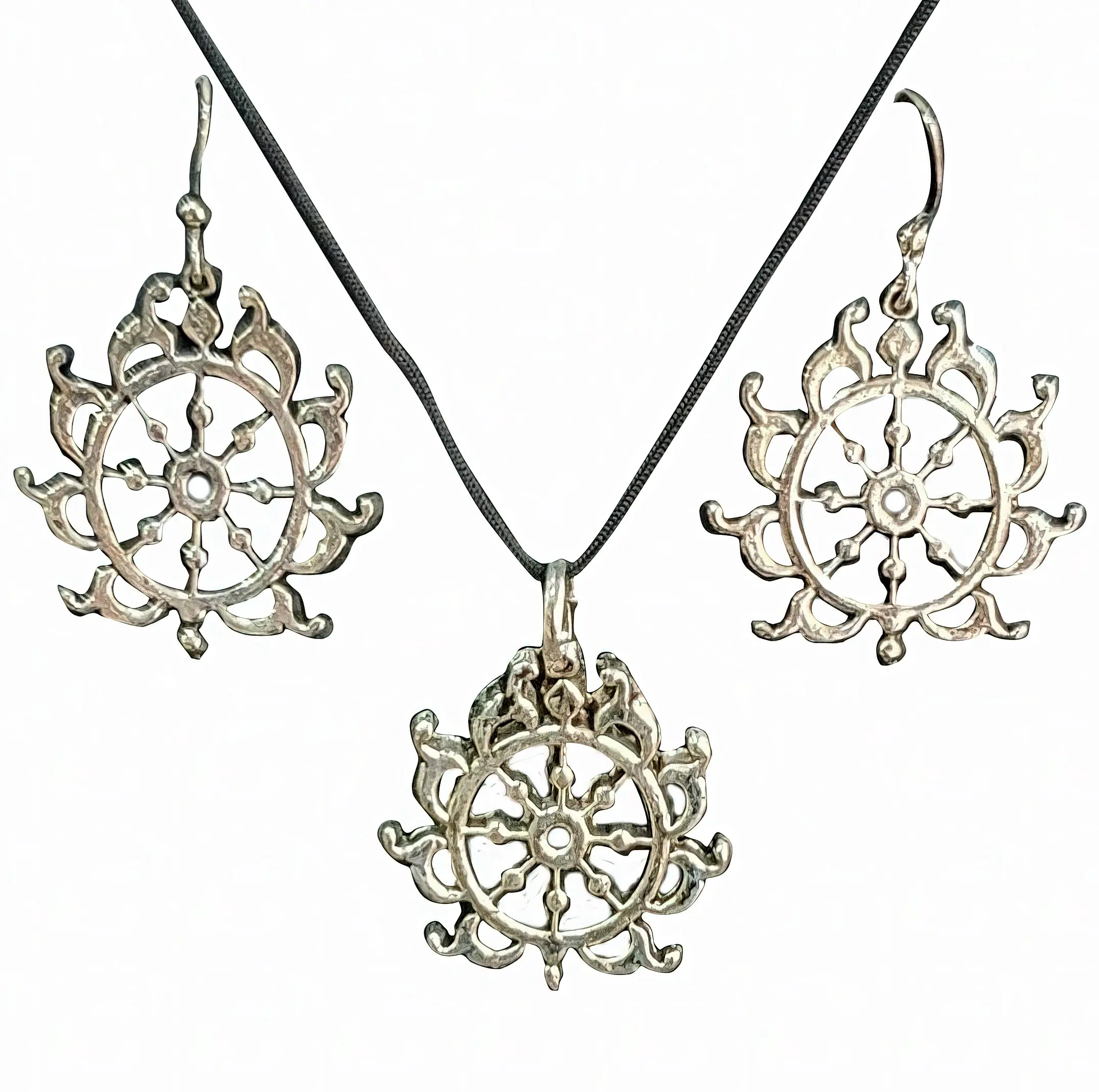 Krishna Playing Flute Set - Pair of Earrings & Matching Pendant with Black Thread