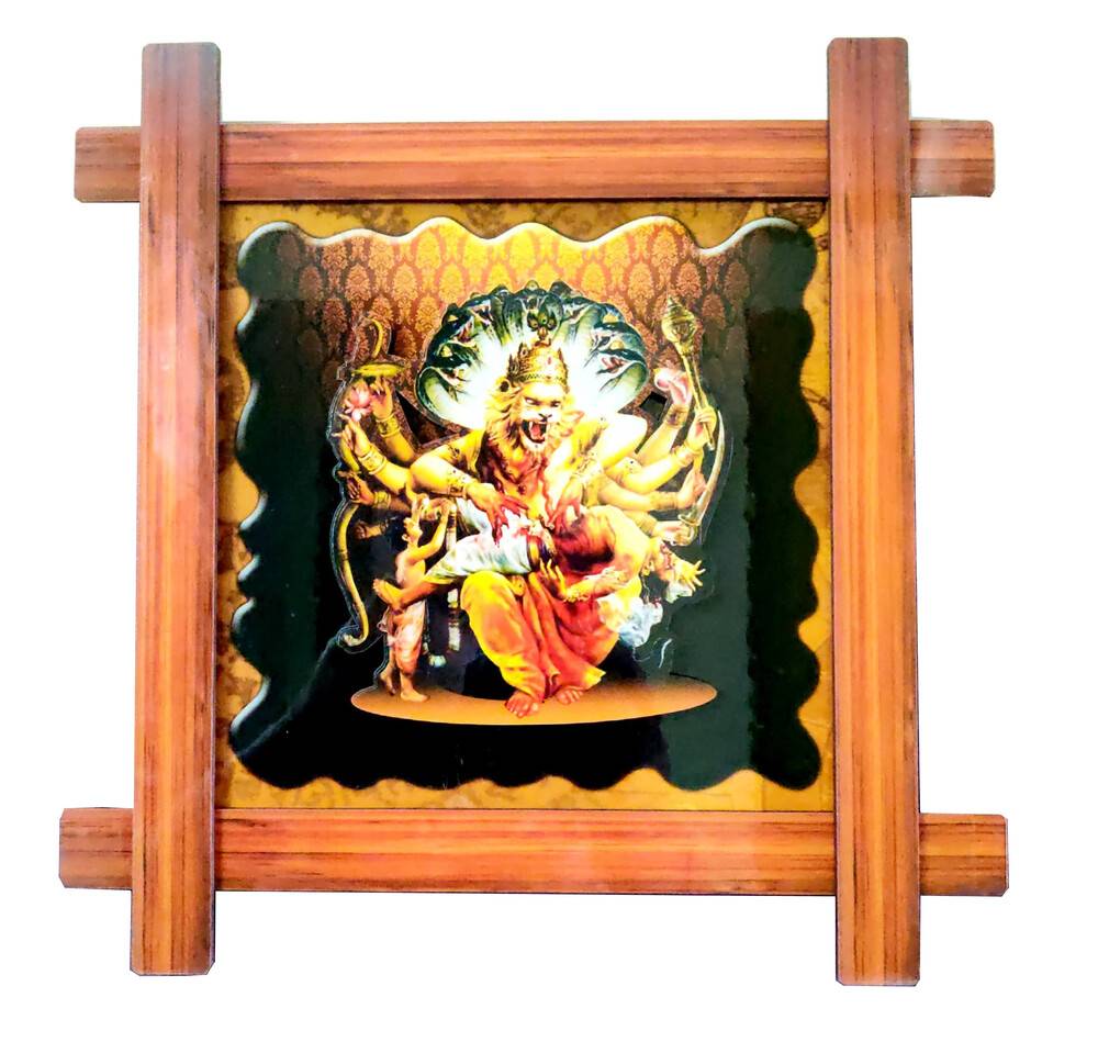 Wooden Framed Picture -- Lord Nrsimhadeva Kills Hiranyakasipu --  9\" x 9\"