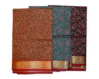 Sari, Cotton Printed  -- Dark Colors with Fancy Gold Border