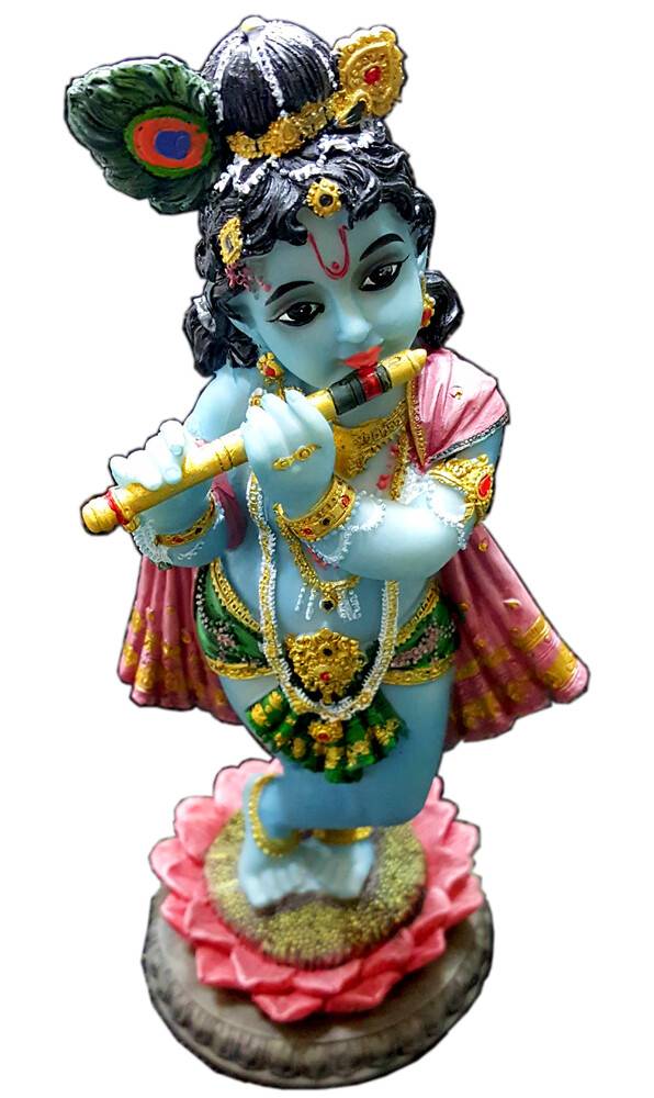 Lotus Krishna Standing on Lotus Flower Polyresin Figure (8\")