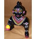 Laddu Gopal Painted Black Brass Sitting Deity 7\"
