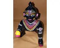 Laddu Gopal Painted Black Brass Sitting Deity 7"