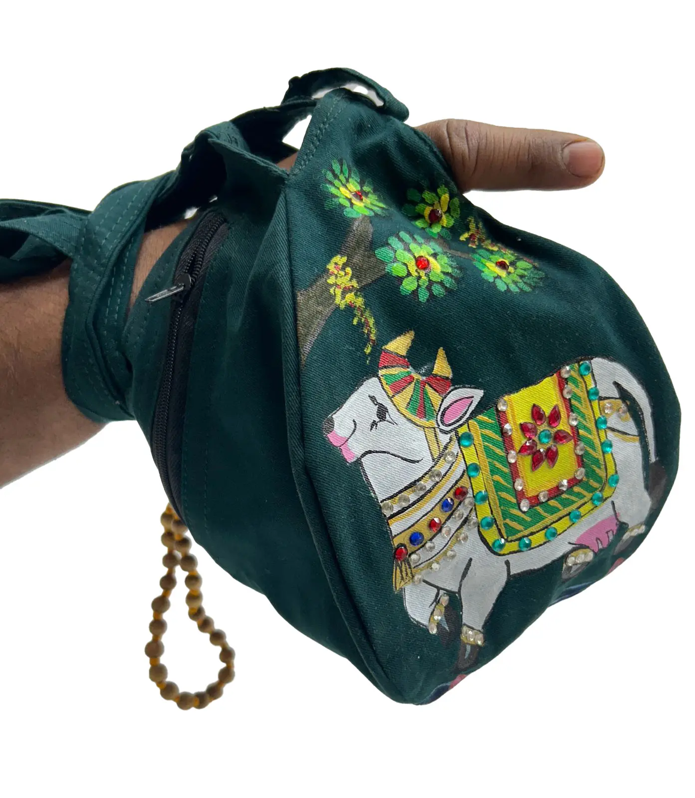 Hand Painted Sri Krishna Beadbag -- Written in Sanskrit