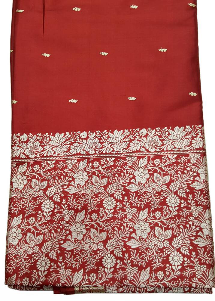 Sari, Silk  Wedding -- Red With Big Embroidered White / Silver floral border